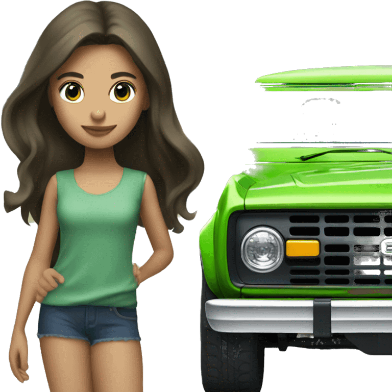 Green ford bronco and brunette girl  emoji