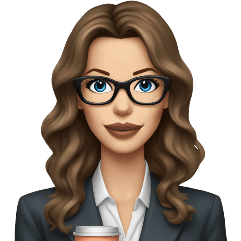 Realistic Kate Beckinsale blue eyes wearing glasses in a business dress drinking coffee peach lipstick  emoji