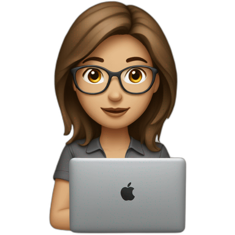 Beautiful programmer girl with brown hair working with MacBook emoji