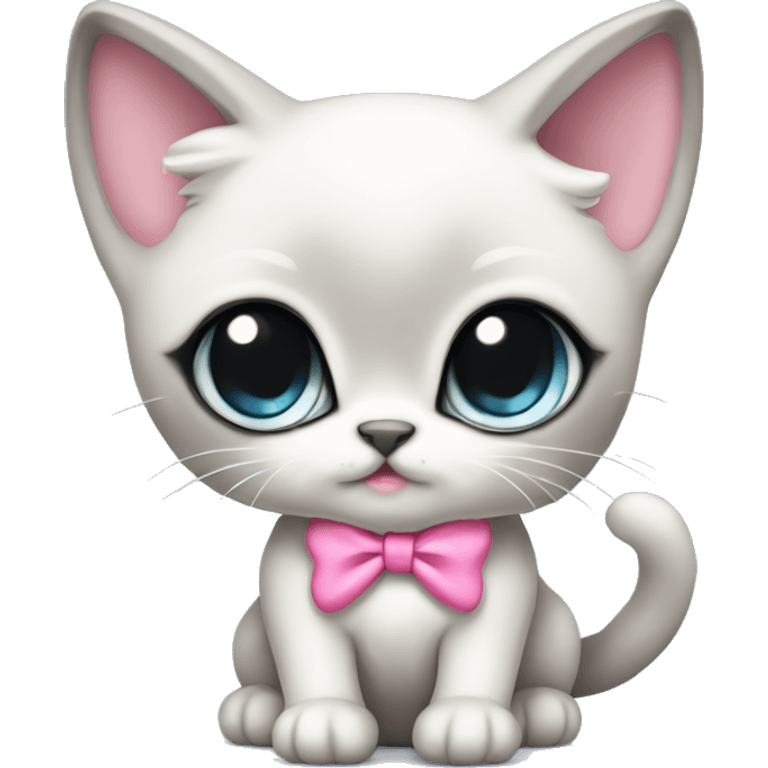 extremely cute kawaii white and gray siamese kitten with pink bow full body emoji