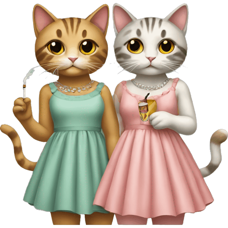 Two kitties wearing dresses holding a cigarette emoji