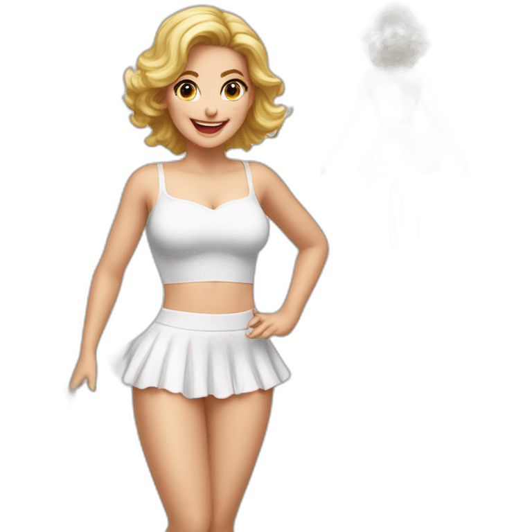 hyperrealistic-full-body-caucasian-curvy-beauty-jumping-small white-skirt-white knickers under the skirt white socks back-and-front-views emoji