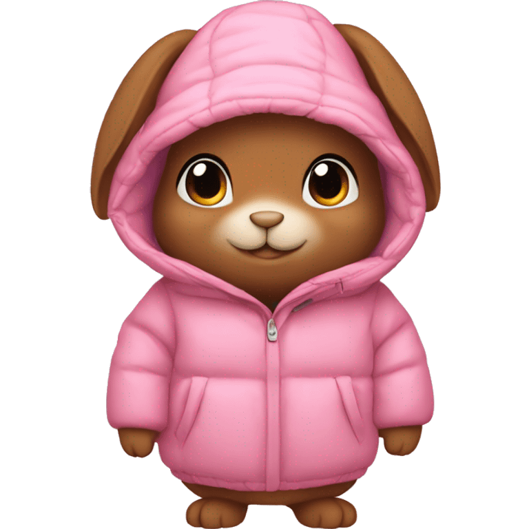 brown bunny in an oversized pink puffer coat emoji