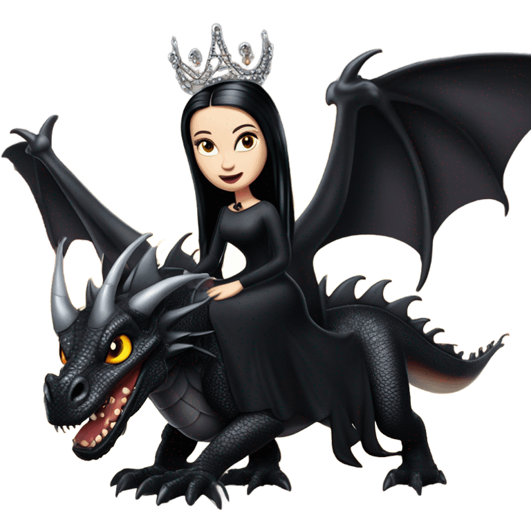 Lavish Victorian evening gown, young Morticia Addams Jedi wearing a mini tiara, riding on the back of a very large black shiny evil-looking fire-spewing horned dragon emoji