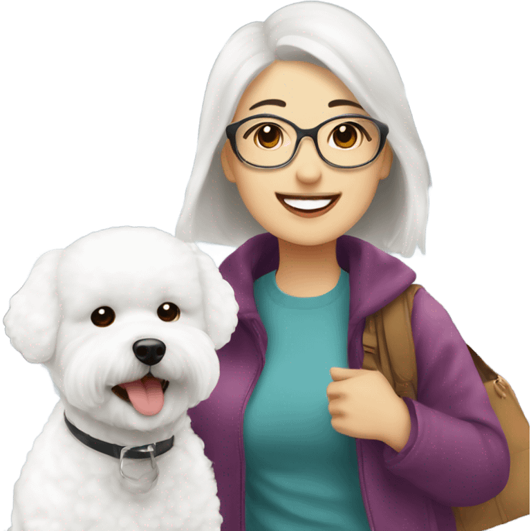 A cute and happy bichon frise with an Asian woman at the airport  emoji