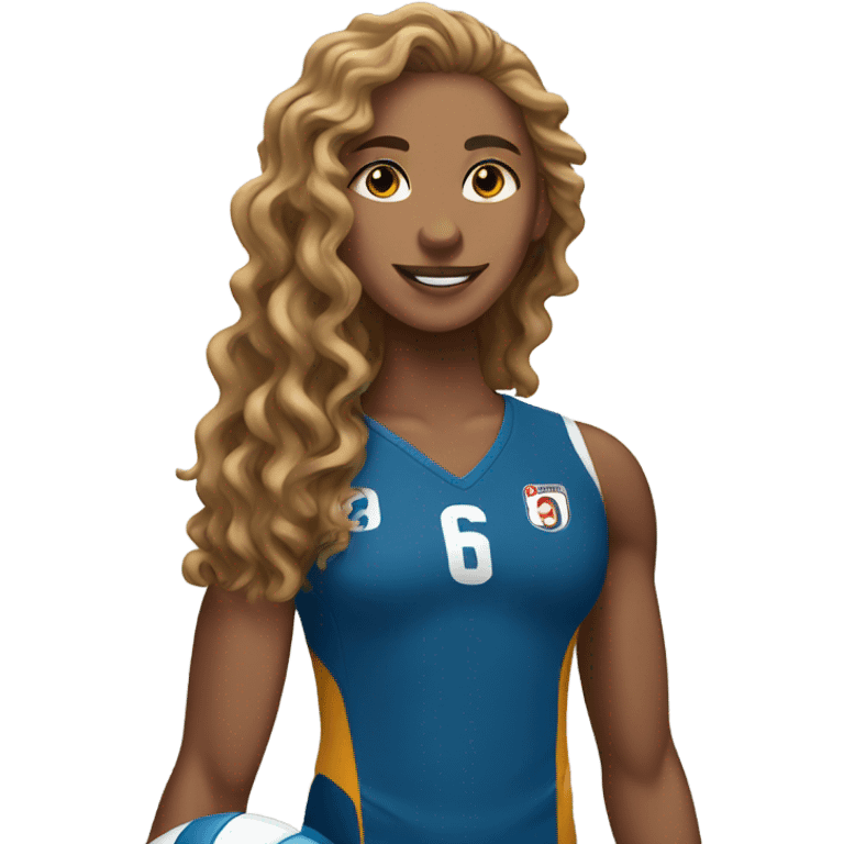 volleyball player with long curly hair and has a volleyball emoji