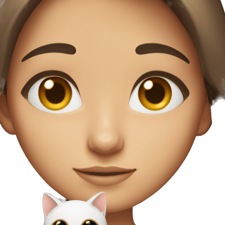 Brunette girl with brown eyes and a cat in her arms emoji