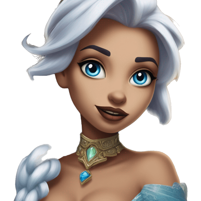 Warcraft gem collecting Elsa in Uncle Scrooge style, oil paint, mysterious eyes, intricate lips, masterpiece pose, odd perspective, beautiful, desirable, logical emoji