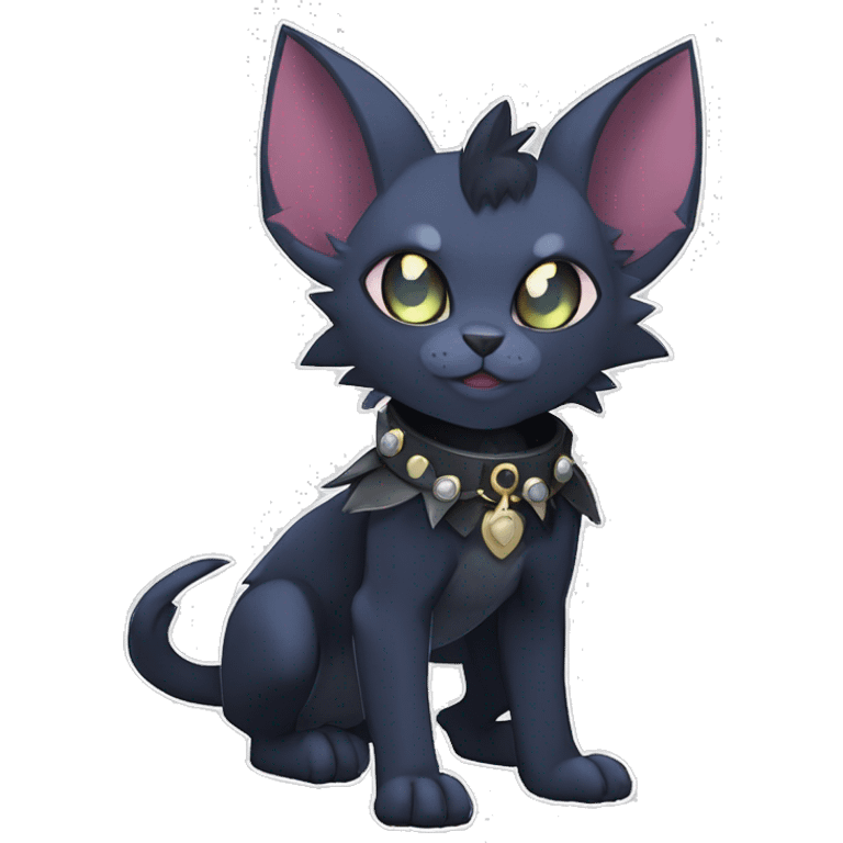 cool punk cute cartoon edgy distinguished elegant beautiful fantasy black ethereal nargacuga-bat-zorua-sphynx-Quiana-Fakemon collar harness with big fangs full body emoji