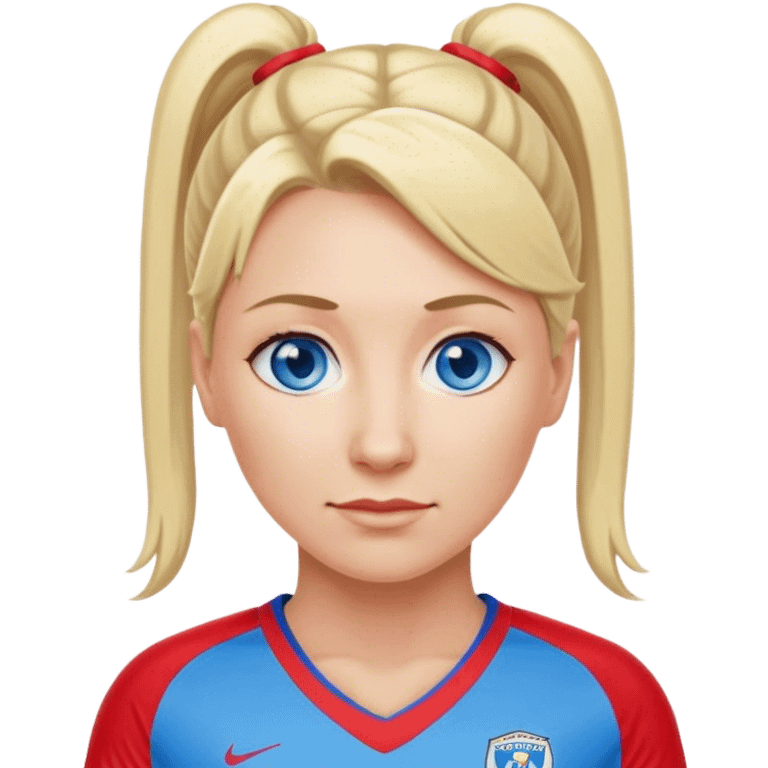 Middle aged woman blue eyes and blonde ponytail playing soccer red jersey emoji