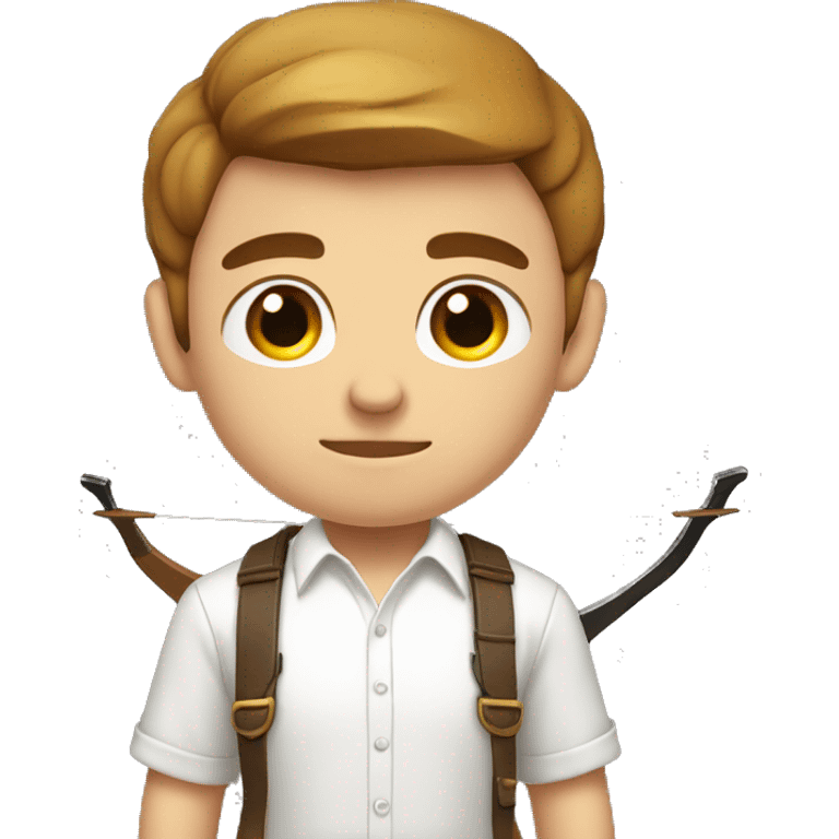 a male, aiming with a bow, facing  his target, eyes closed, wearing a white shirt, very short brown hair, bright skin, only show upper part of the body from waist up emoji