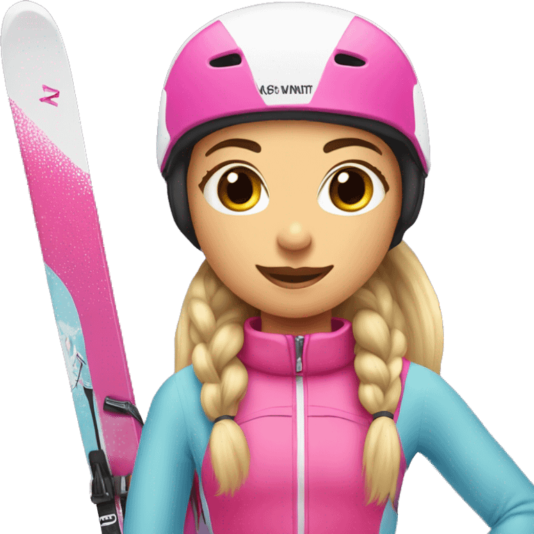 Dark Skier girl with long hair in pony tail, black eyes and pink gear show skis and legs  emoji