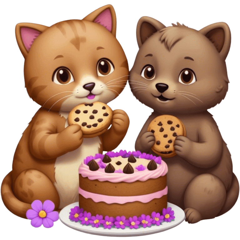 Cat eating a cookie next to a bear that eats a cake surrounded by purple and pink flowers  emoji