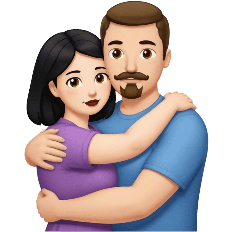 Tall strong white man with brown mustache goatee hugging a chubby short pale woman with long black hair emoji