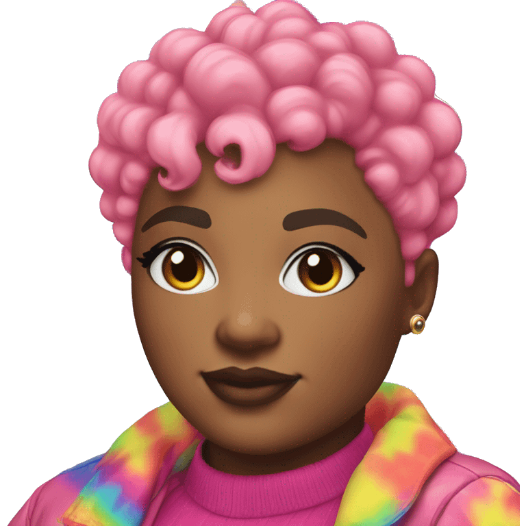 Plus size black woman with chinky eyes, pink curly pixie cut hair and a rainbow tie dye bubble jacket  emoji