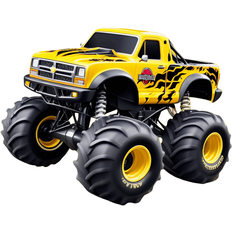 Maximum Destruction - Monster Jam (Model Year: 2021) (Iconic colour: Yellow with black flames) - A ferocious monster truck featuring a vivid yellow base accented by dramatic black flame patterns. Emphasize sharp, high-contrast flame streaks across the body, creating a look of aggressive, explosive energy. emoji