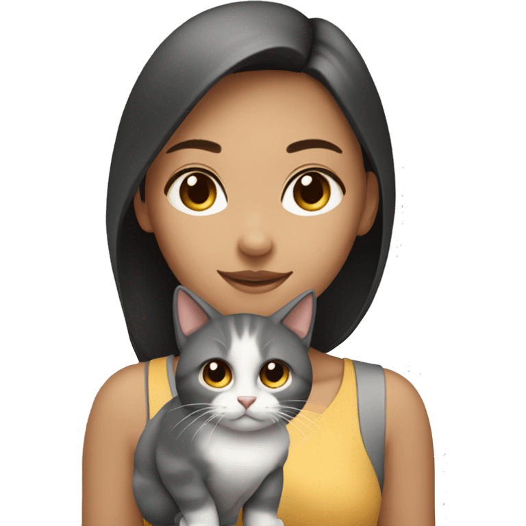 Tan round face girl with gray black white cat  emoji