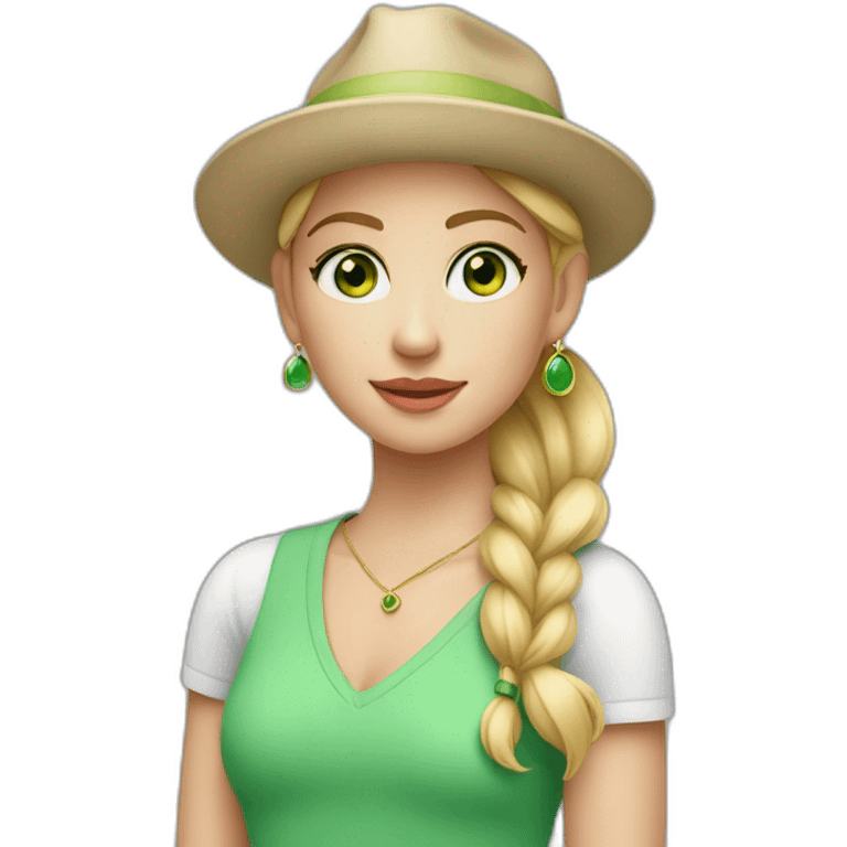 A young girl with green eyes and blond hairs in a ponytail with big earrings and wearing chic clothes and a hat  emoji