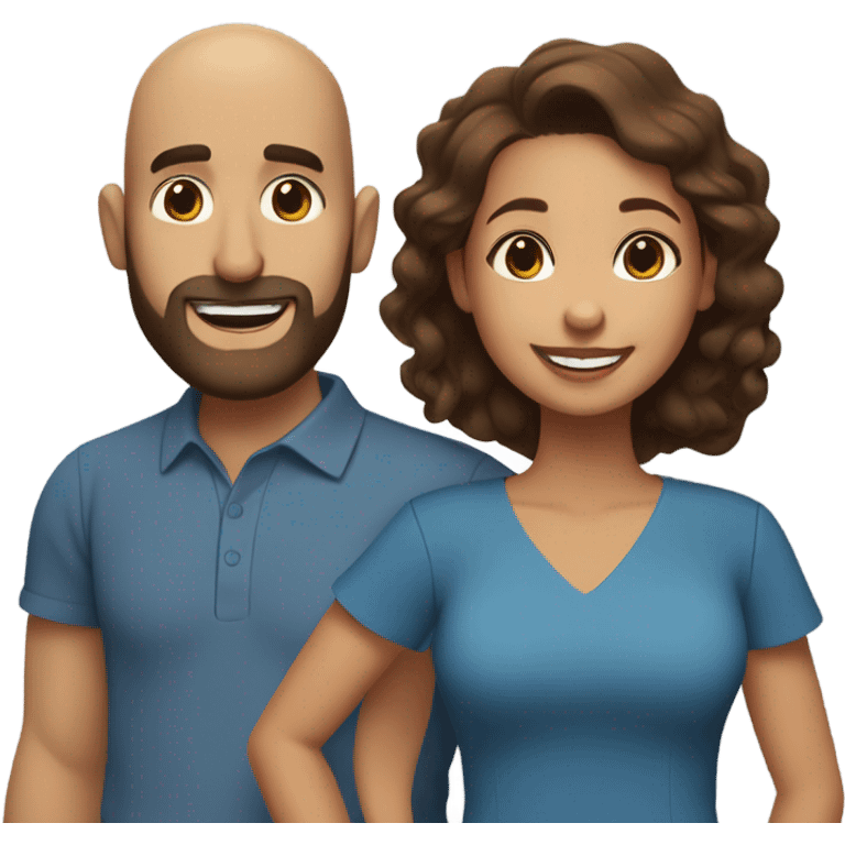 Brown-haired Puerto Rican woman with dark brown eyes wearing a cute blue blouse giving comforting hug to short, bald man with brown eyes, laugh lines, and a beard emoji