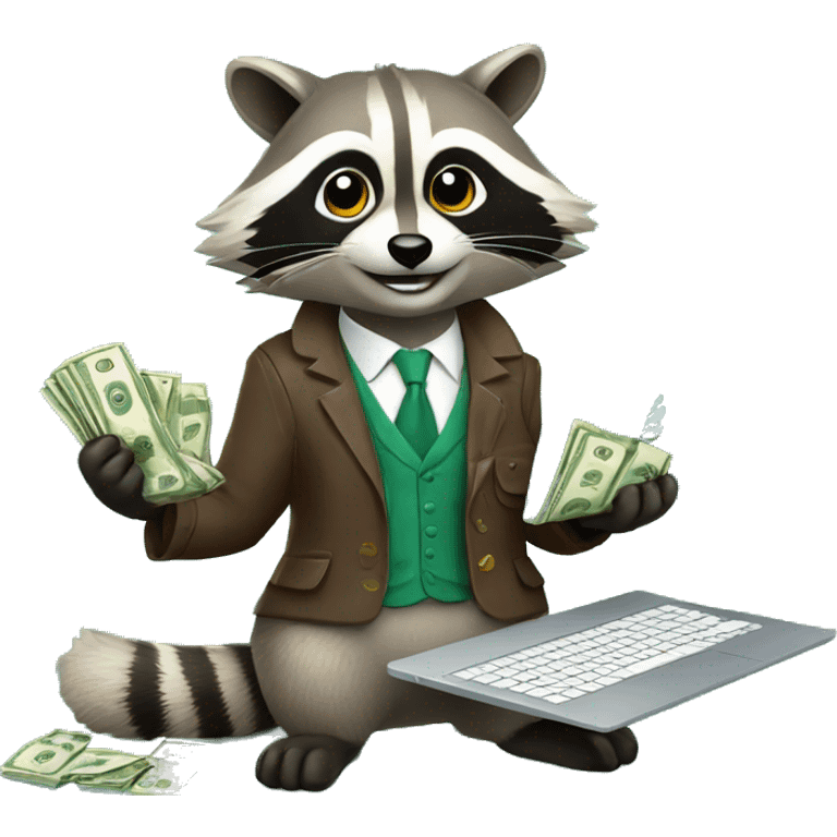 rich raccoon with laptop and money in hand emoji