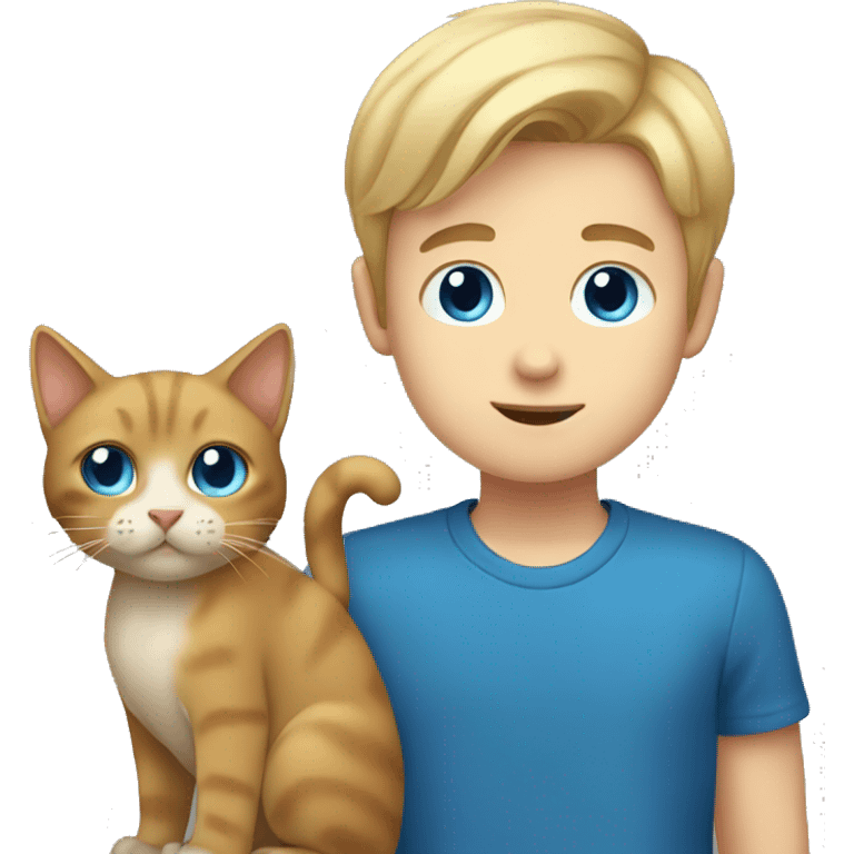 Boy with blonde hair holding blue eyes brown cat emoji