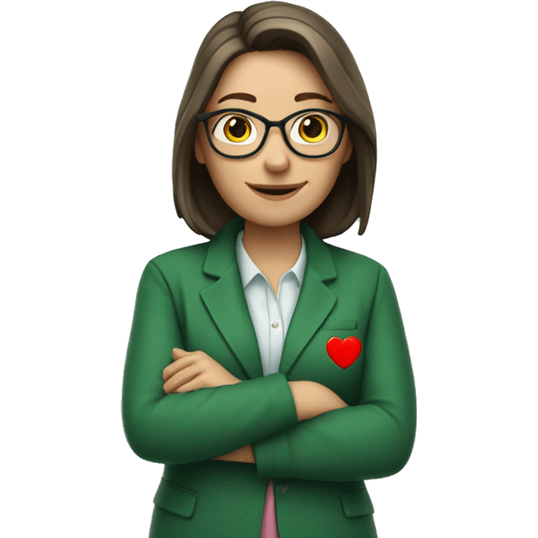 A European female teacher in a green jacket holds a heart in her hands emoji