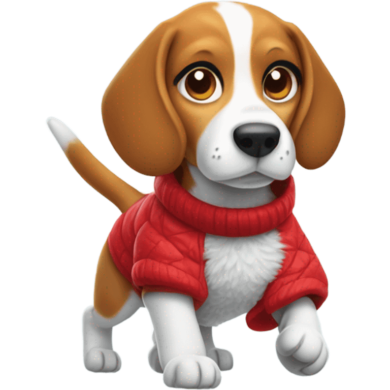 Beagle with red winter clothes and snowball fight emoji