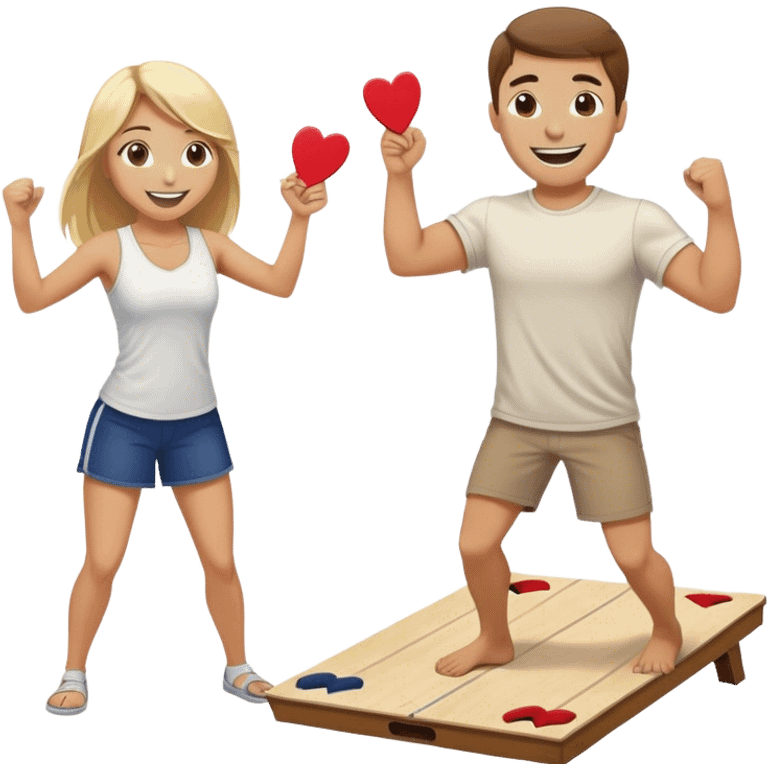 Fit man with brown hair playing cornhole with a blonde hair girl cheering him on emoji