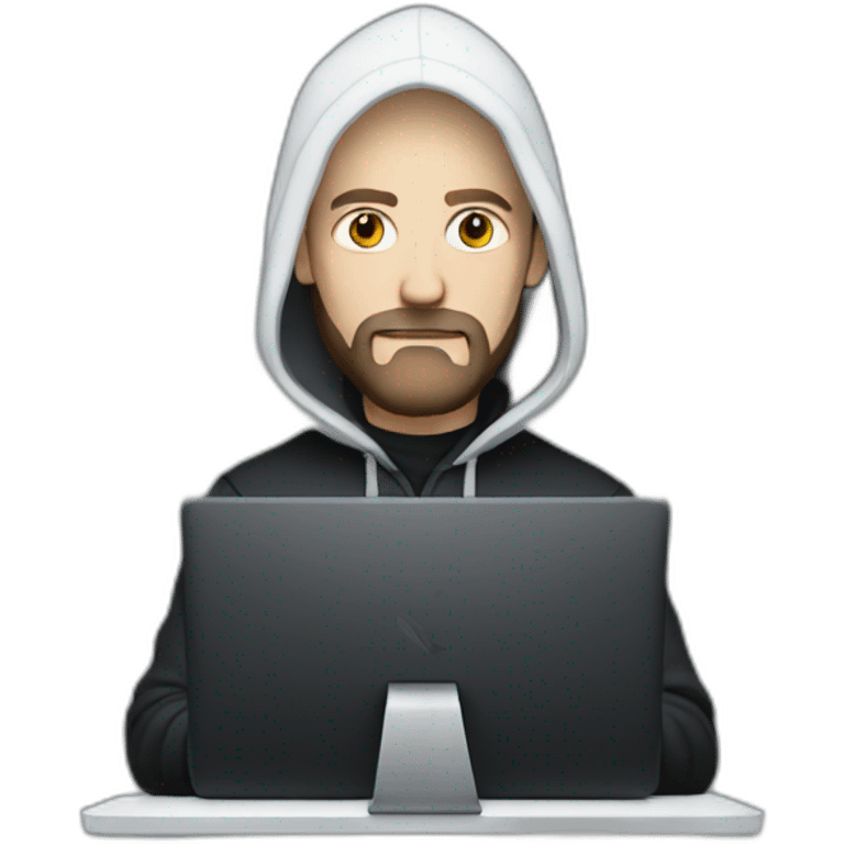 bald white man with a black beard typing on apple computer wearing a black hoodie emoji