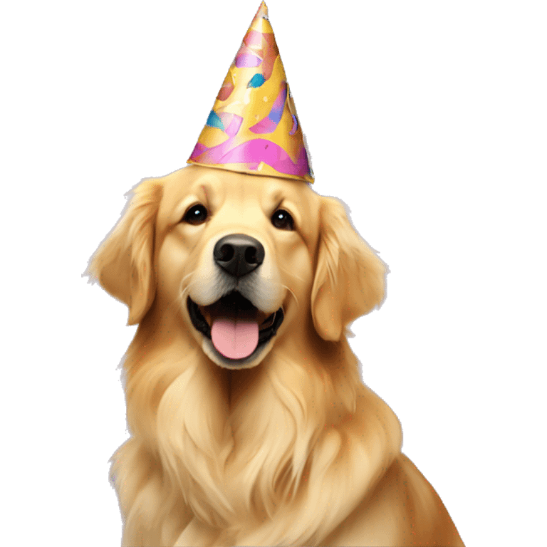 golden retriever with a party hat and birthday cake emoji