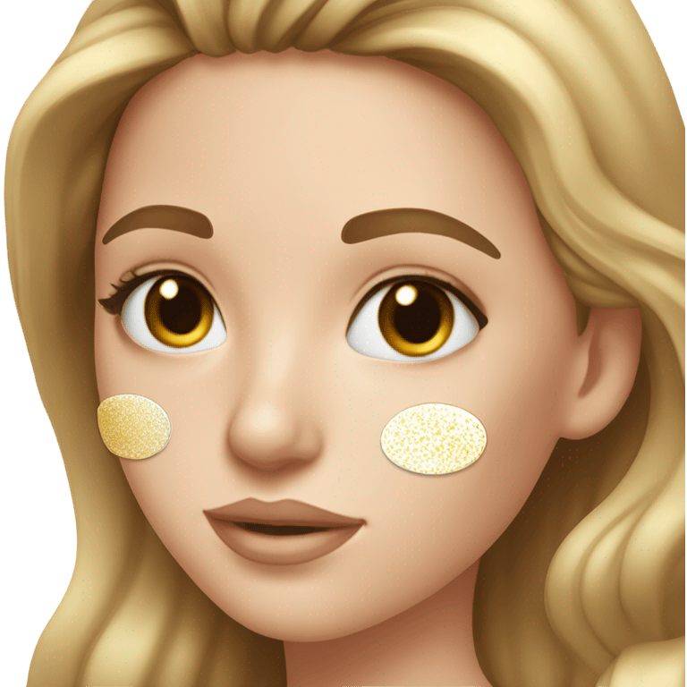 White Skin care on white freackles skin of a brunett blue eyed girl using Gold gel skin care patches under her eyes emoji