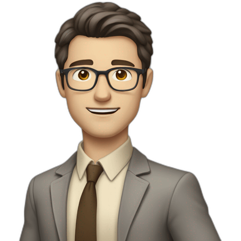 Full height Pale skinned fit man with dark brown hair in gray jacket, beige office shirt, brown tie, brown pants and vintage glasses. His right hand stretched out emoji