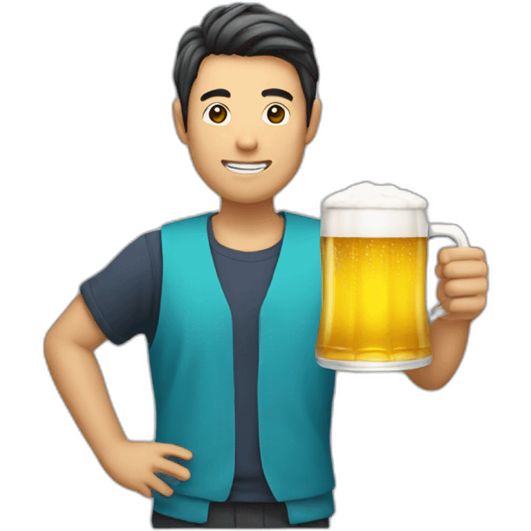 A Japanese man holding beer wearing emoji