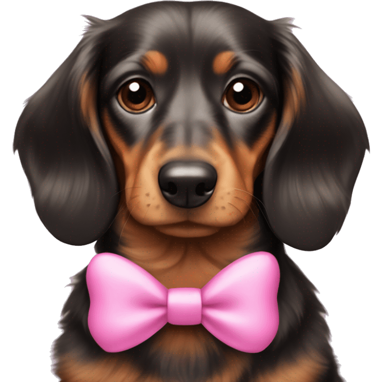 Fluffy dachshund wearing pink bow emoji