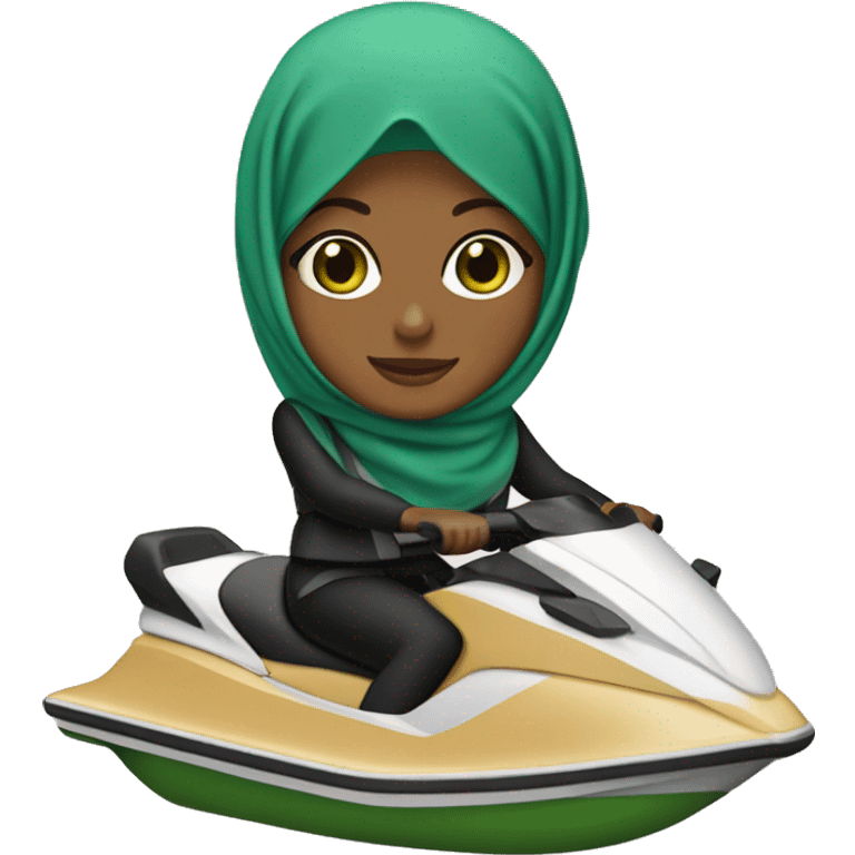 Hijabi on a jetski with a light tan and has green eyes emoji