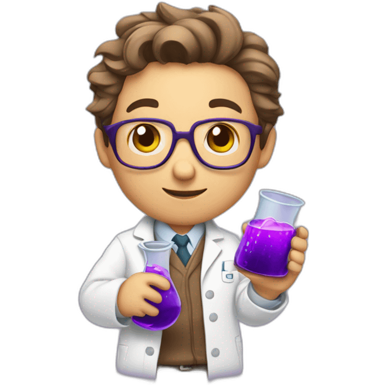 Cute middle aged cub scientist holding a flask of purple liquids emoji