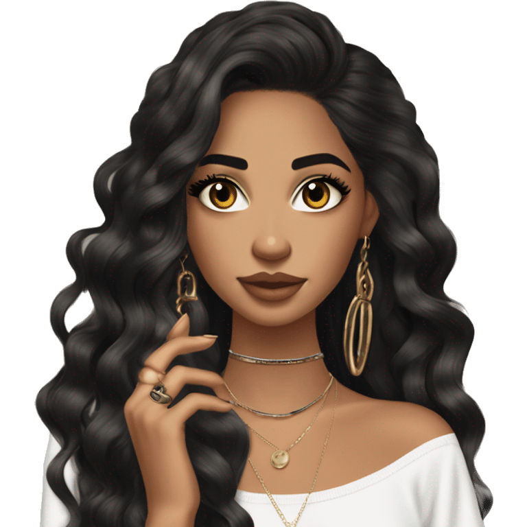 Glamorous, streetwear, black balayage hair, long wavy hair, olive skin, brown almond eyes, winged eyeliner with big lashes, wearing hooped earrings, rings and bracelets, almond fake nails emoji