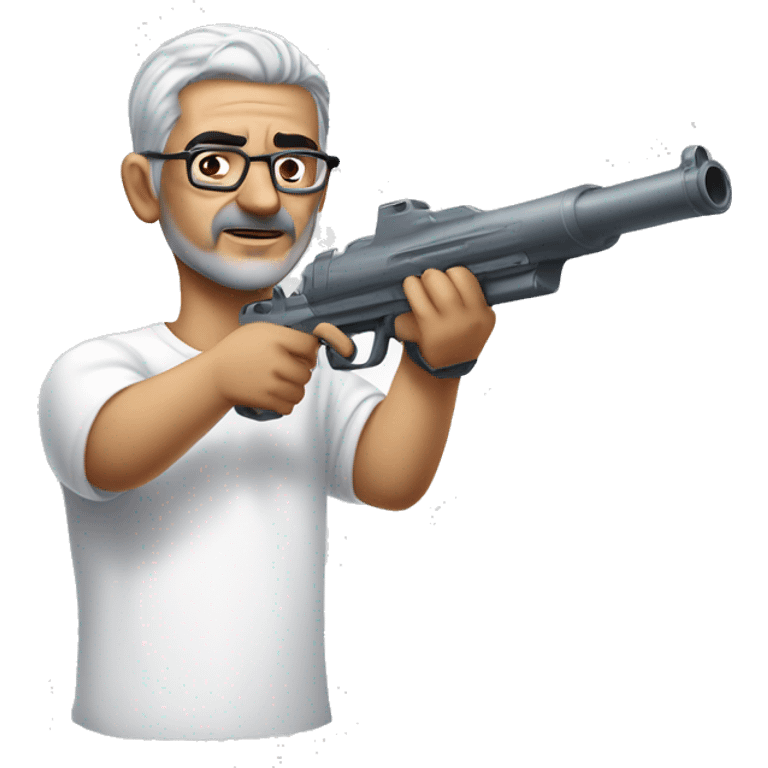 Turkish man with grey hair and protective glasses and white t-shirt aiming a water gun with one hand while standing sideways emoji