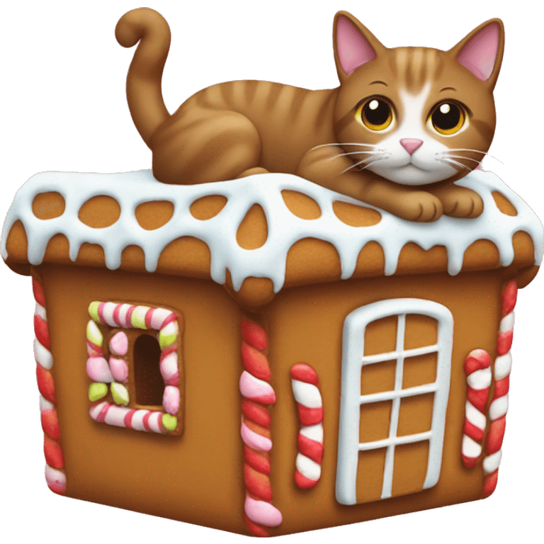 Cat sitting on a gingerbread house emoji