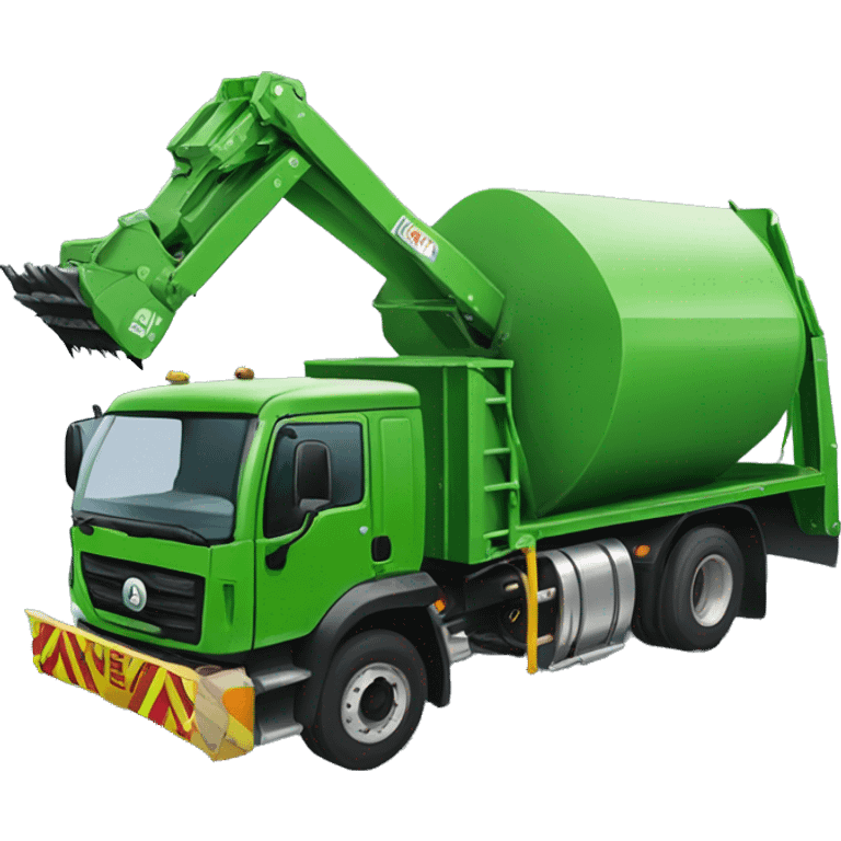 Green mobile compaction truck with a large, extendable arm that comes of the back and has a spiked round drum used to crush trash in an open-top dumster emoji