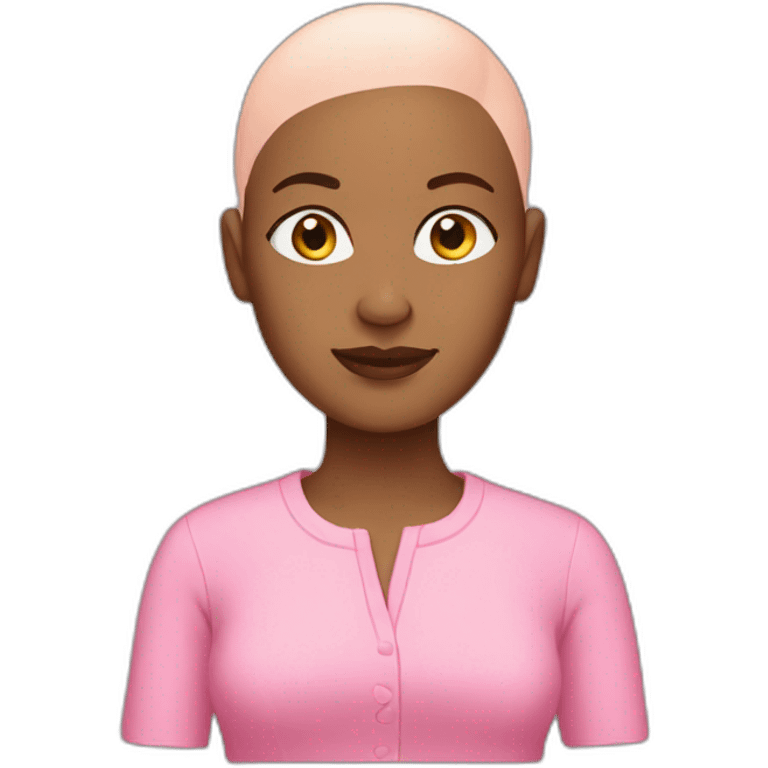 Bald Brown woman wearing pink emoji