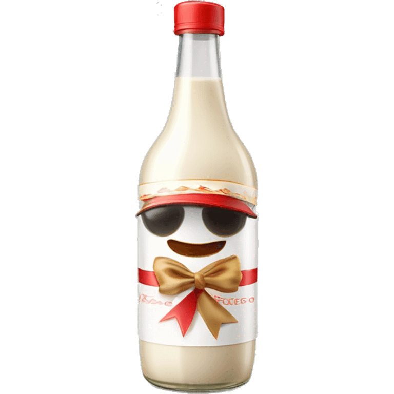 realistic clear bottle of puertorrican coquito with a red ribbon and jibaro hat as the cap isolated emoji