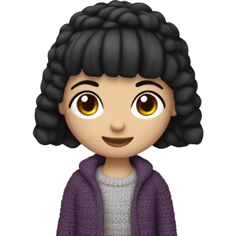 A girl with short dark hair making amigurumi  emoji