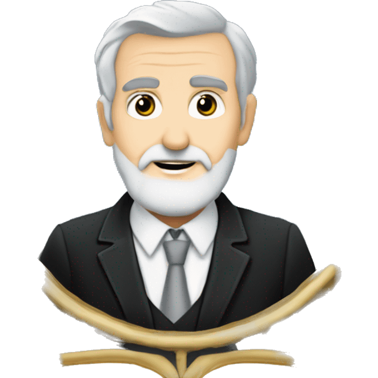 60 year old Caucasian male with grey hair and a grey gotee beard wearing a black dinner suit that has a badge on the left side of the jacket with a Freemason square and compass on it. Make the background a sky blue. emoji