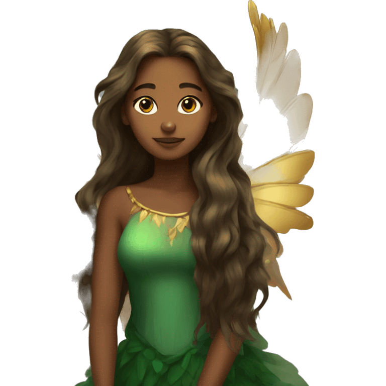 big wings, Beautiful, fairy, gold, brown, dark green, green, long hair emoji