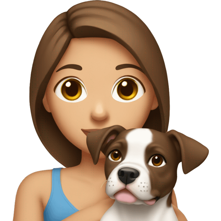 shoulders up girl with brown hair holding pitbull puppy close to her face emoji