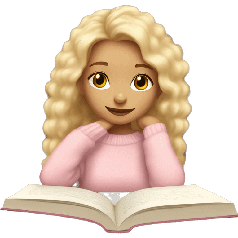 Girl with longe blonde hair wearing a fuzzy light pink sweater dreaming about books emoji