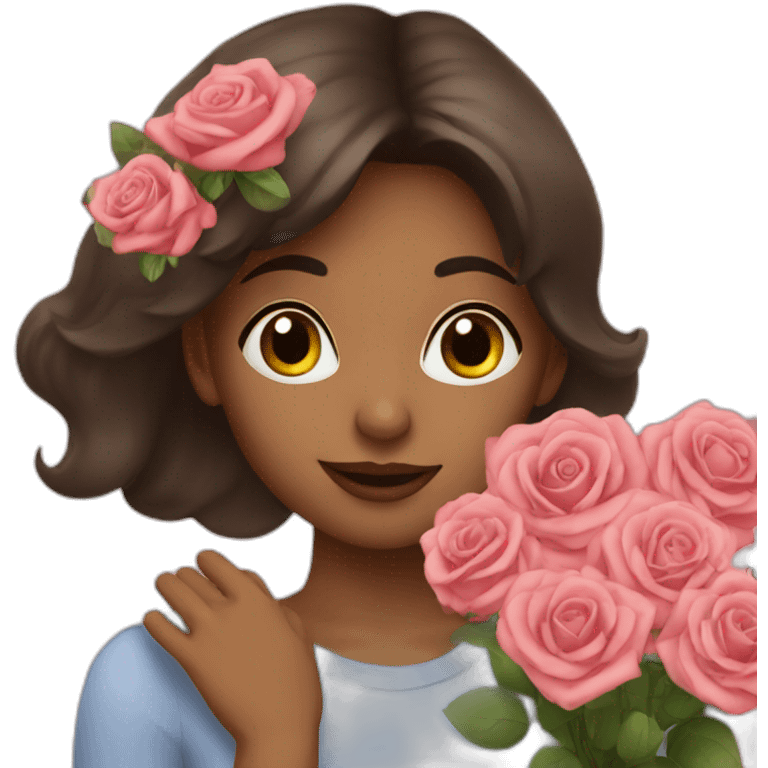 brunette girl smells  bouquet of roses emoji