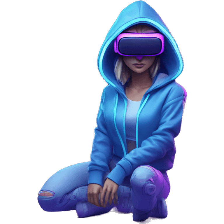 Create a 3D model of a Russian girl wearing a blue "OMG" hoodie and VR headset in a cyberpunk VR environment with violet neon lighting. emoji