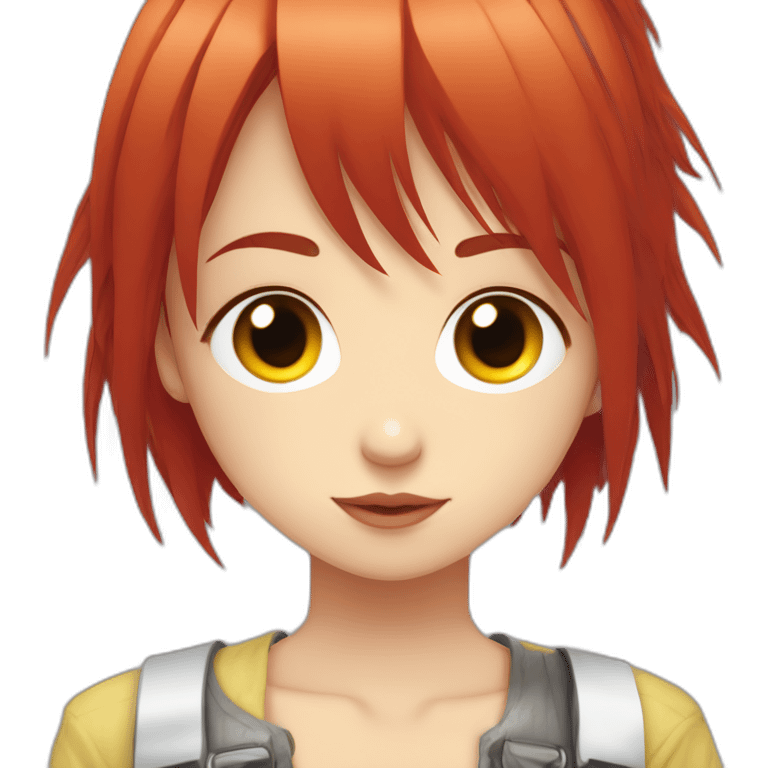 (gril) makima from the manga chainsawman with red hair fringe, yellow eyes with a circle inside emoji